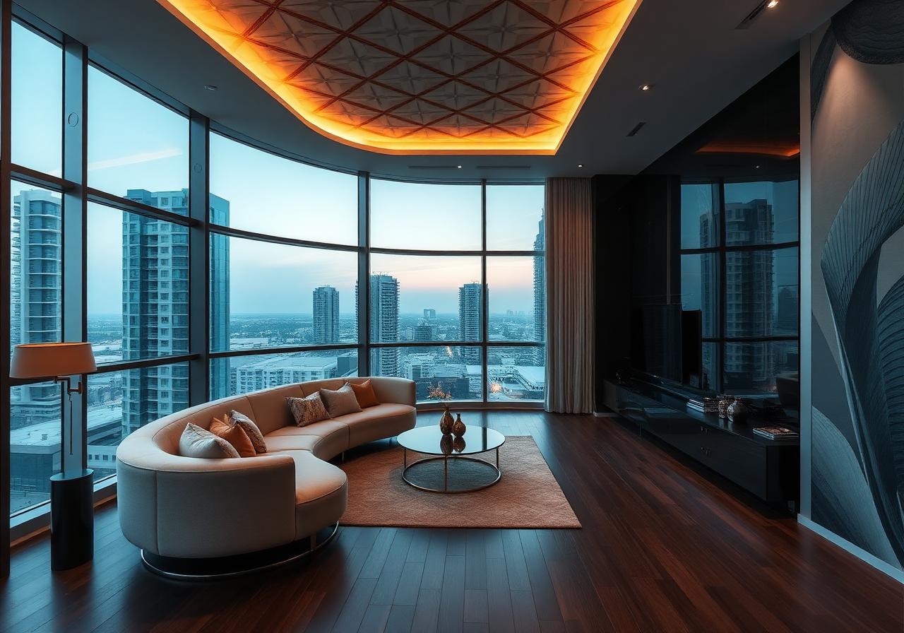 Salón con ventanal curvo
